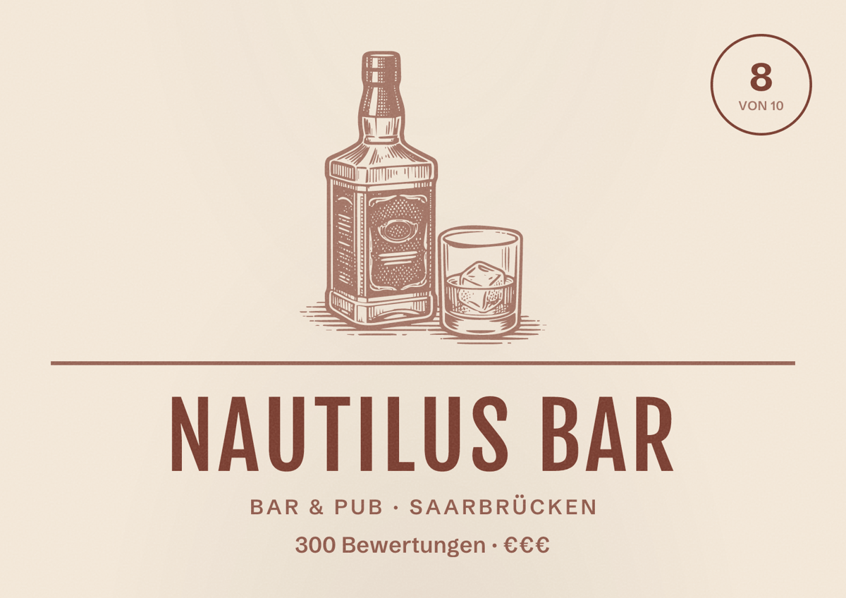 Illustriertes Poster von Nautilus Bar, Bar & Pub in Saarbrücken: Bewertung 8 von 10 aus 300 Bewertungen, Preisniveau €€€