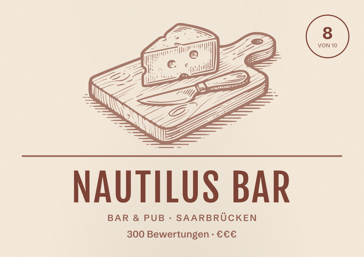 Illustriertes Poster von Nautilus Bar, Bar & Pub in Saarbrücken: Bewertung 8,0 von 10 aus 300 Bewertungen, Preisniveau €€€