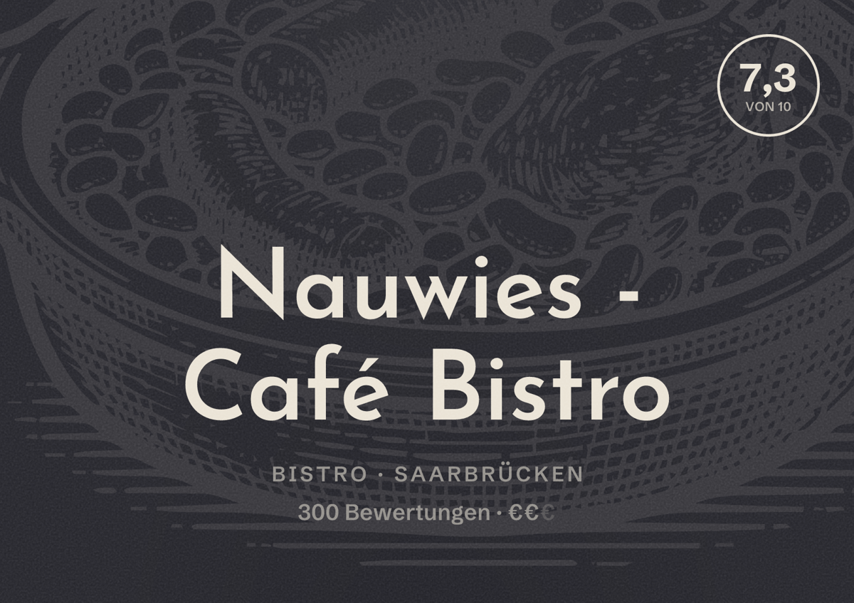 Illustriertes Poster von Nauwies - Café Bistro, Bistro in Saarbrücken: Bewertung 7,3 von 10 aus 300 Bewertungen, Preisniveau €€