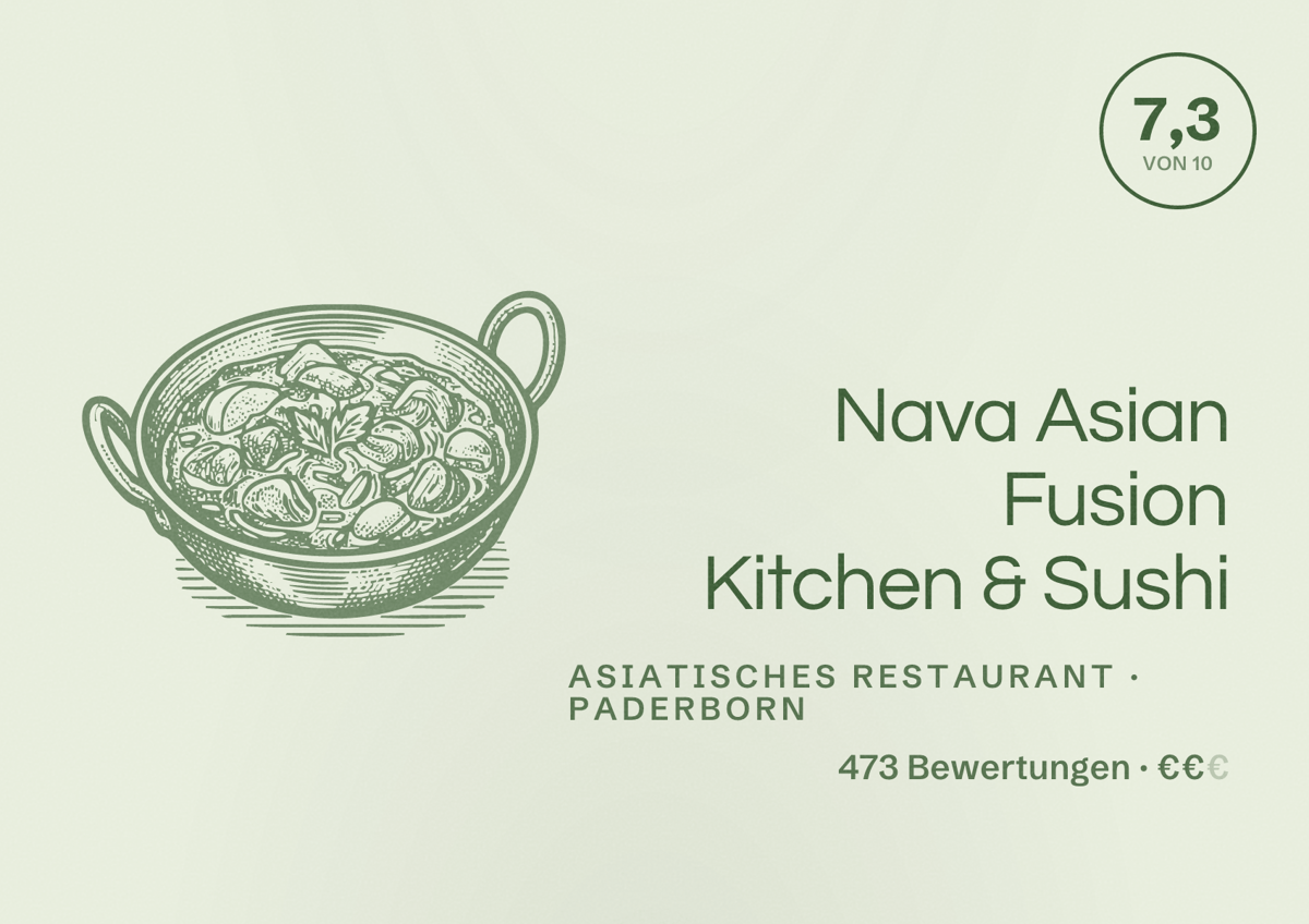 Illustriertes Poster von Nava Asian Fusion Kitchen & Sushi, Asiatisches Restaurant in Paderborn: Bewertung 7,3 von 10 aus 473 Bewertungen, Preisniveau €€