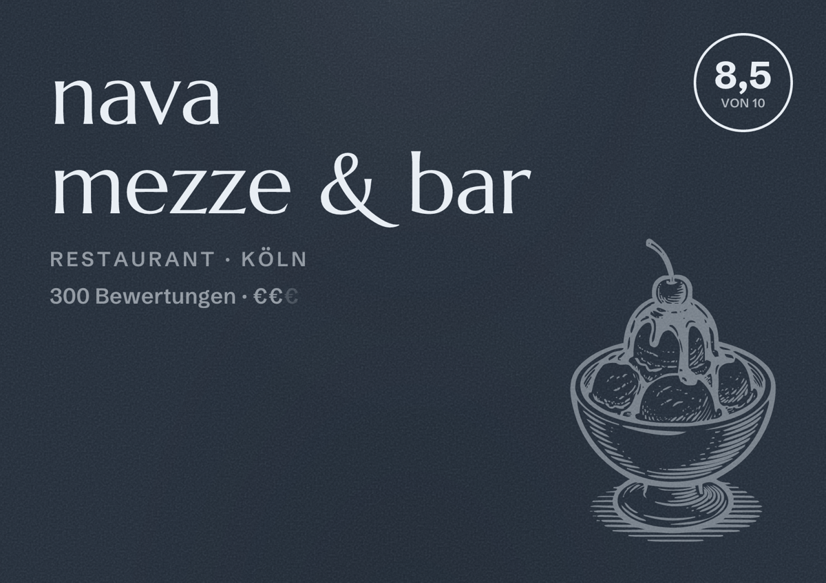 Illustriertes Poster von nava mezze & bar, Restaurant in Köln: Bewertung 8,5 von 10 aus 300 Bewertungen, Preisniveau €€