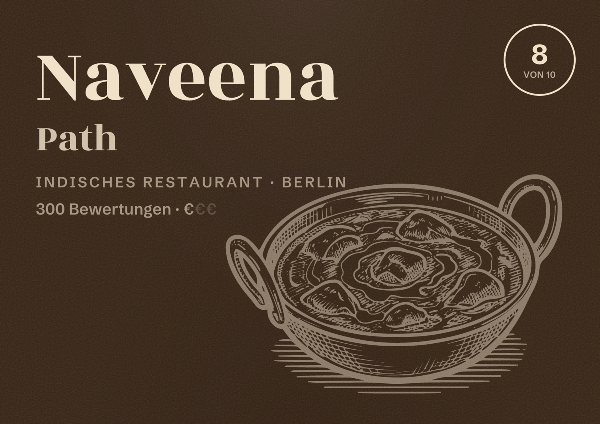 Illustriertes Poster von Naveena Path, Indisches Restaurant in Berlin: Bewertung 8,0 von 10 aus 300 Bewertungen, Preisniveau €