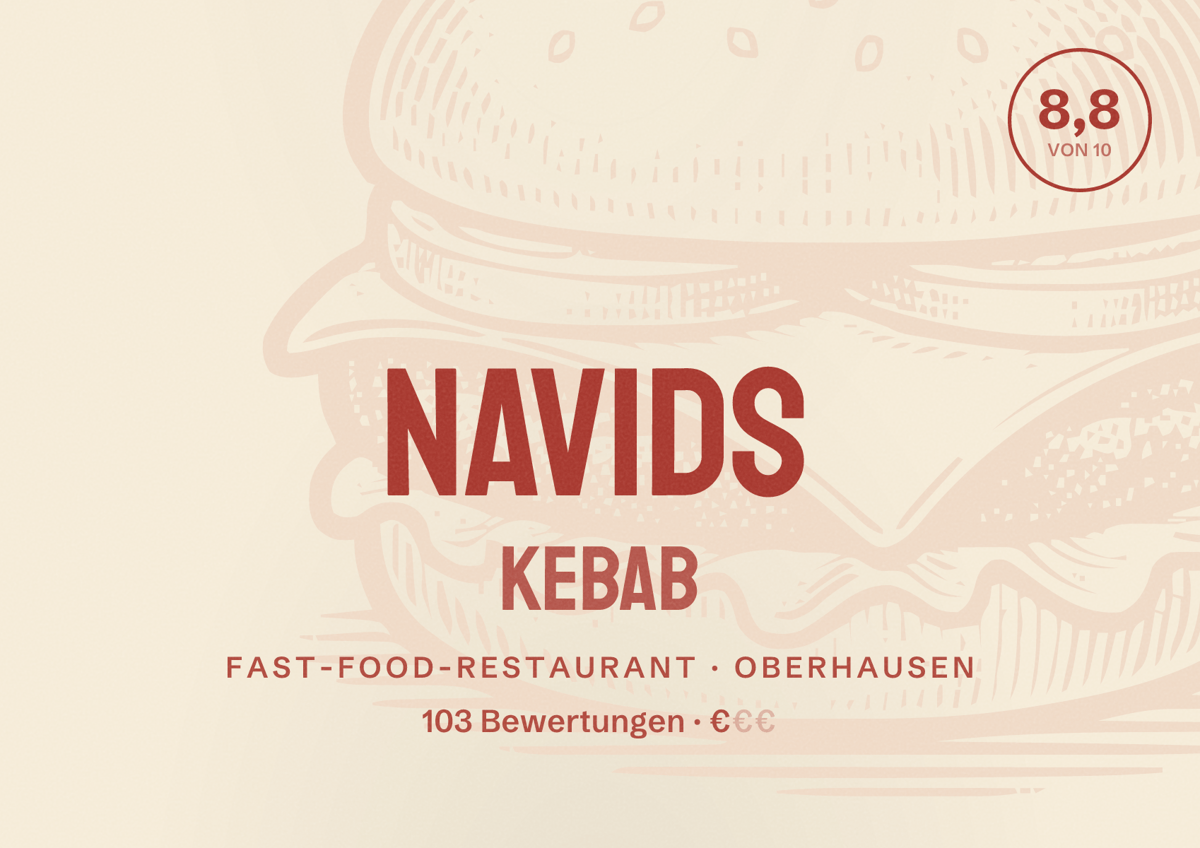 Illustriertes Poster von Navids Kebab, Fast-Food-Restaurant in Oberhausen: Bewertung 8,8 von 10 aus 103 Bewertungen, Preisniveau €