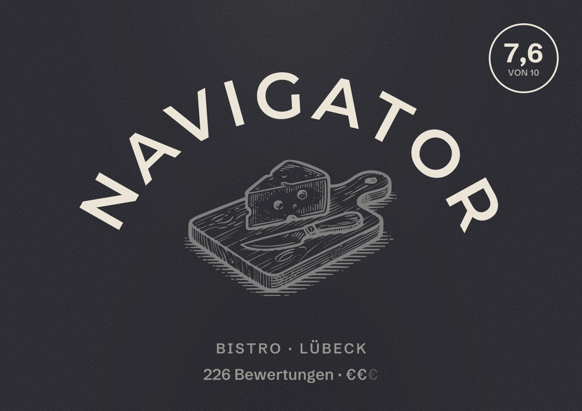 Illustriertes Poster von Navigator, Bistro in Lübeck: Bewertung 7,6 von 10 aus 226 Bewertungen, Preisniveau €€
