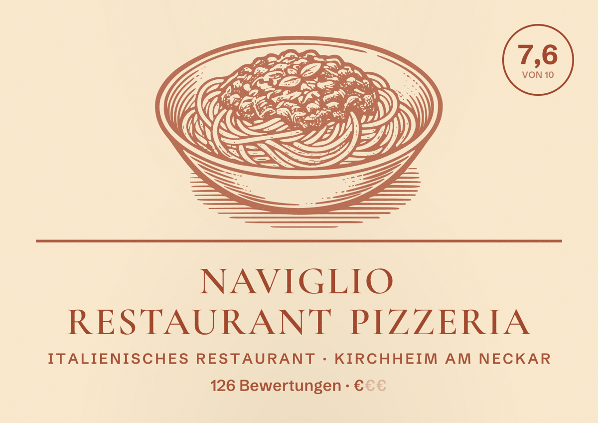 Illustriertes Poster von Naviglio Restaurant Pizzeria, Italienisches Restaurant in Kirchheim am Neckar: Bewertung 7,6 von 10 aus 126 Bewertungen, Preisniveau €