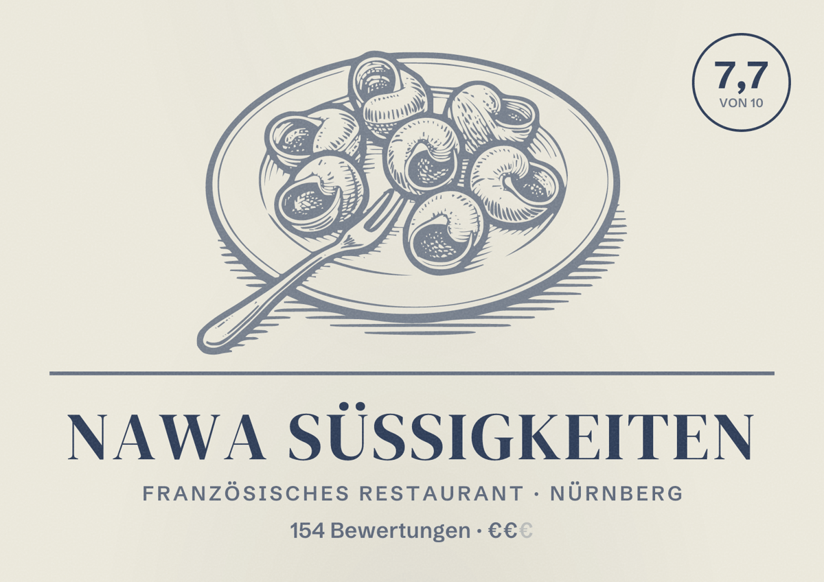 Illustriertes Poster von Nawa Süßigkeiten, Französisches Restaurant in Nürnberg: Bewertung 7,7 von 10 aus 154 Bewertungen, Preisniveau €€
