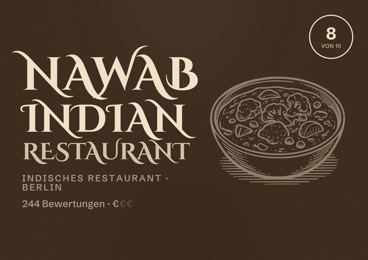 Illustriertes Poster von Nawab Indian Restaurant, Indisches Restaurant in Berlin: Bewertung 8,0 von 10 aus 244 Bewertungen, Preisniveau €