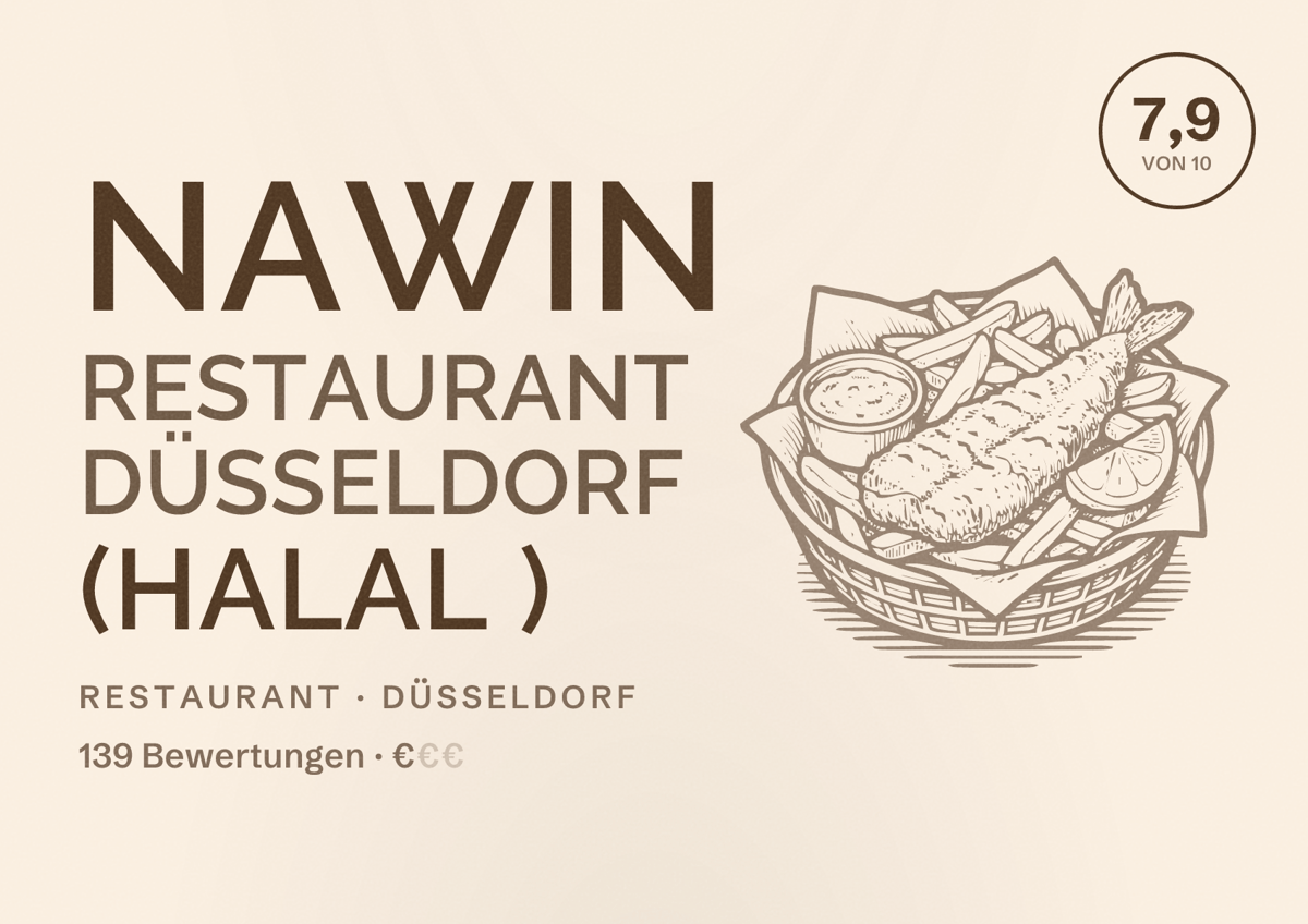 Illustriertes Poster von Nawin Restaurant Düsseldorf (Halal ), Restaurant in Düsseldorf: Bewertung 7,9 von 10 aus 139 Bewertungen, Preisniveau €