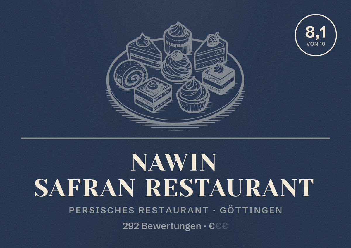 Illustriertes Poster von Nawin Safran Restaurant, Persisches Restaurant in Göttingen: Bewertung 8,1 von 10 aus 292 Bewertungen, Preisniveau €