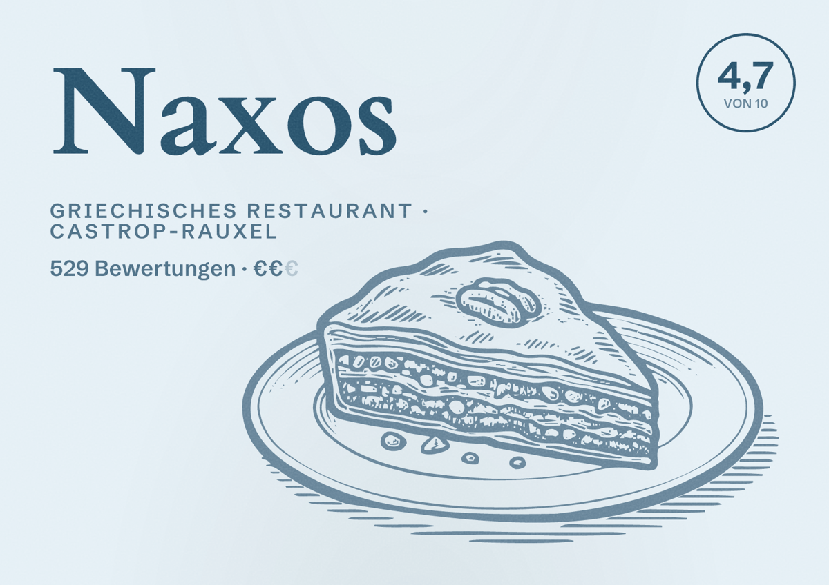 Illustriertes Poster von Naxos, Griechisches Restaurant in Castrop-Rauxel: Bewertung 4,7 von 10 aus 529 Bewertungen, Preisniveau €€