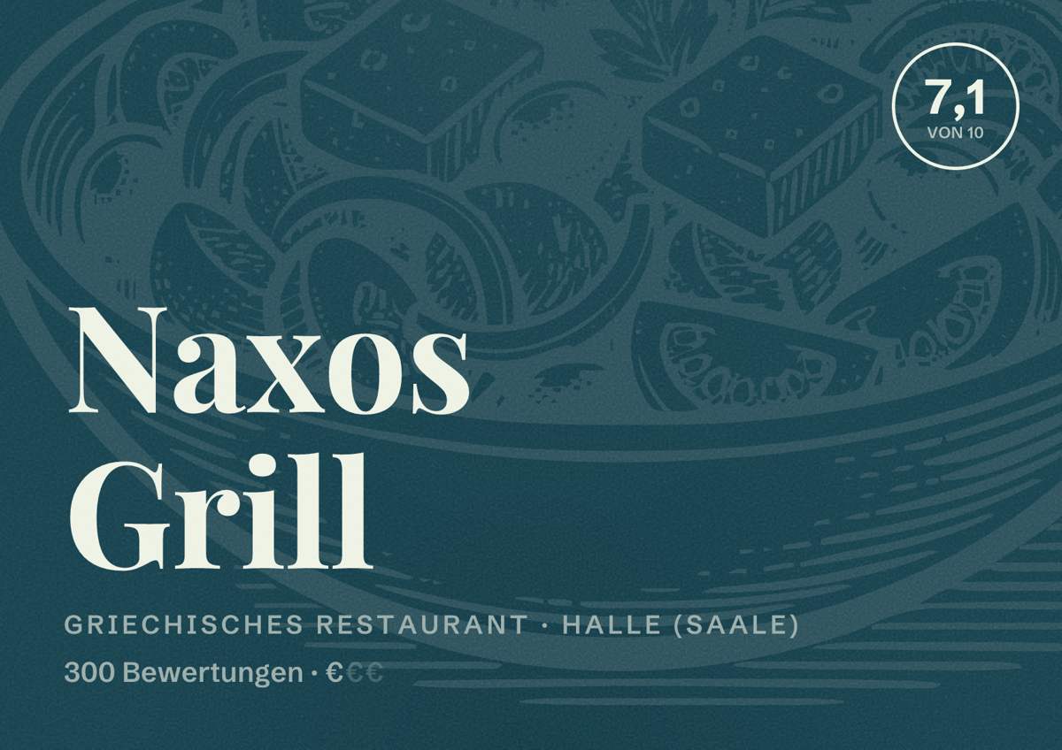 Illustriertes Poster von Naxos Grill, Griechisches Restaurant in Halle (Saale): Bewertung 7,1 von 10 aus 300 Bewertungen, Preisniveau €