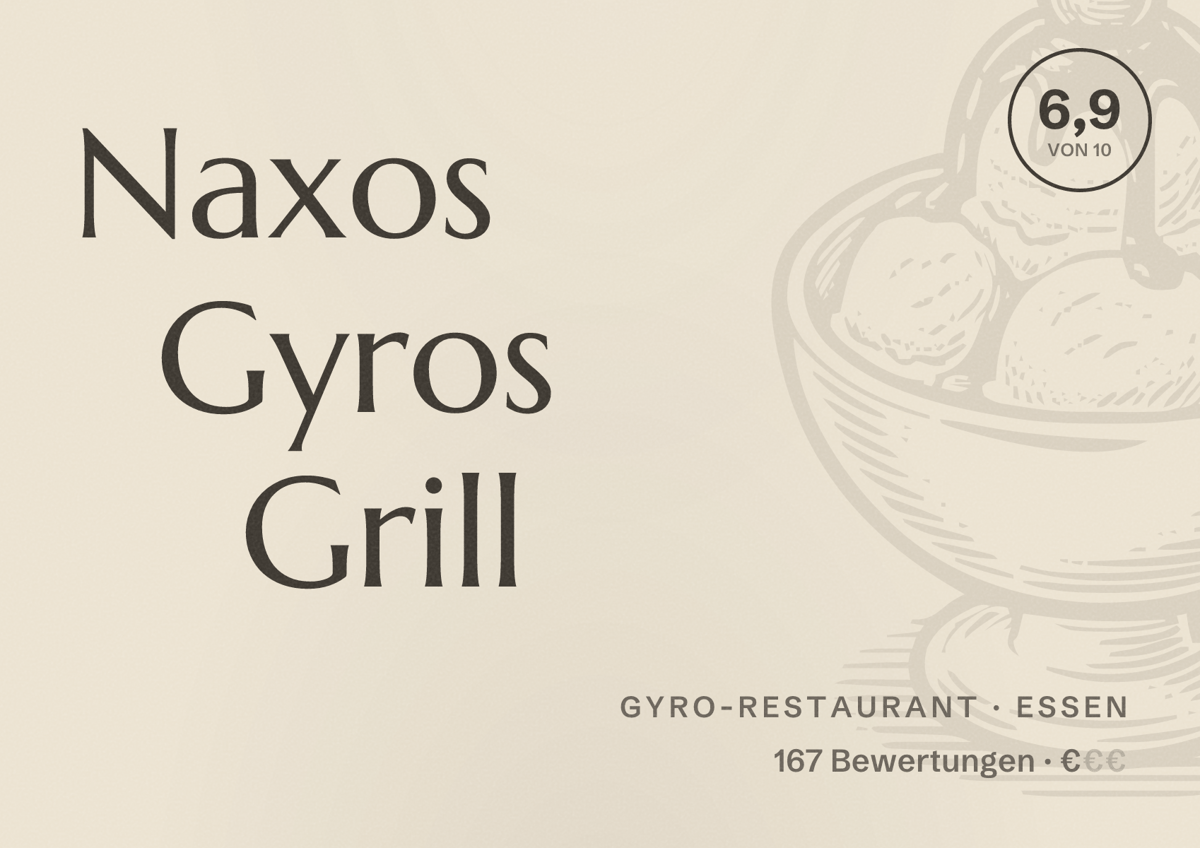 Illustriertes Poster von Naxos Gyros Grill, Gyro-Restaurant in Essen: Bewertung 6,9 von 10 aus 167 Bewertungen, Preisniveau €