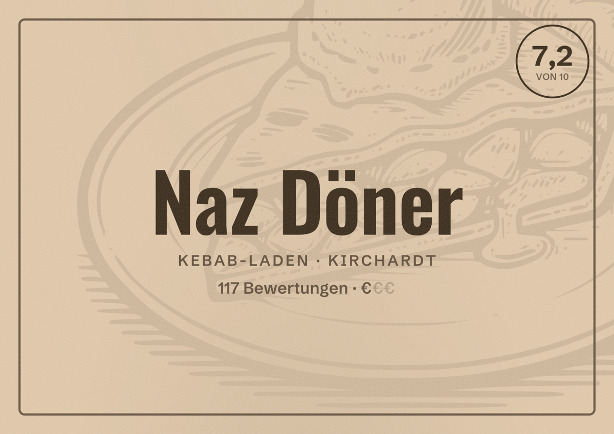 Illustriertes Poster von Naz Döner, Kebab-Laden in Kirchardt: Bewertung 7,2 von 10 aus 117 Bewertungen, Preisniveau €