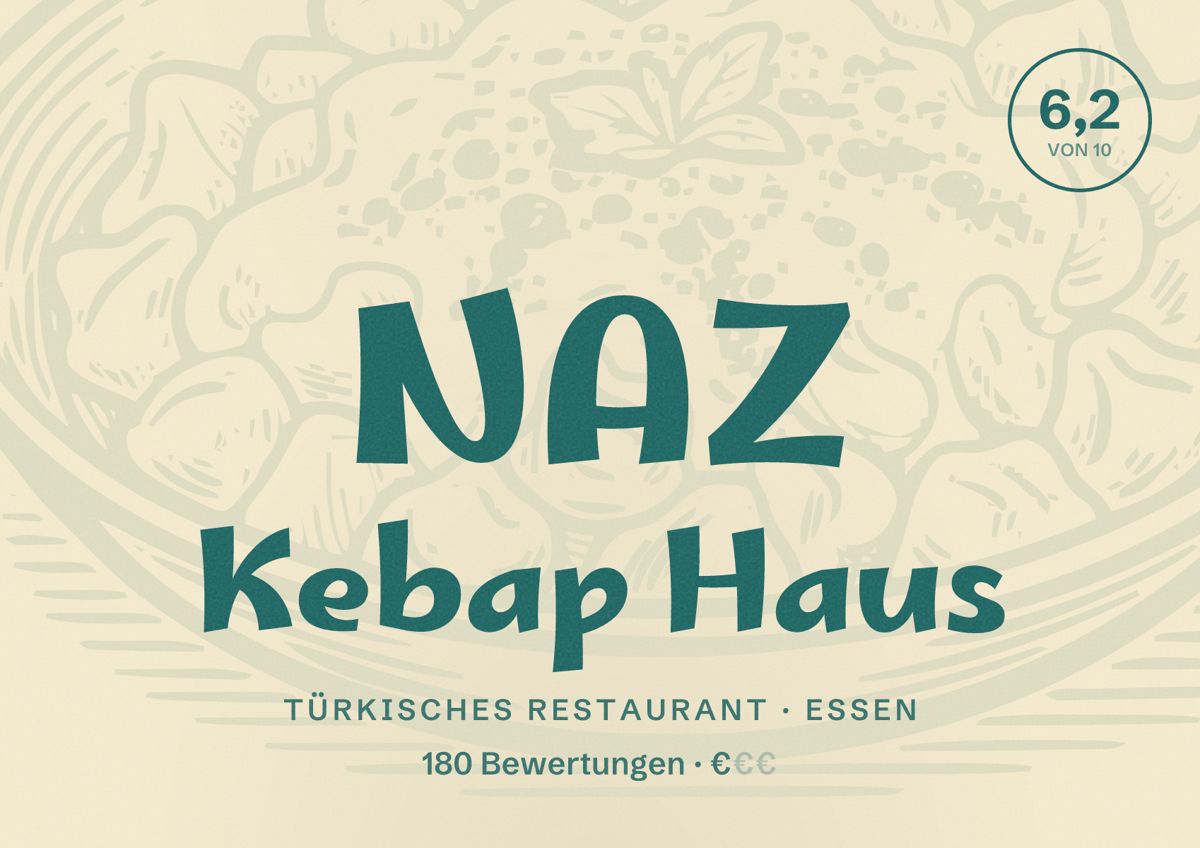 Illustriertes Poster von NAZ Kebap Haus, Türkisches Restaurant in Essen: Bewertung 6,2 von 10 aus 180 Bewertungen, Preisniveau €