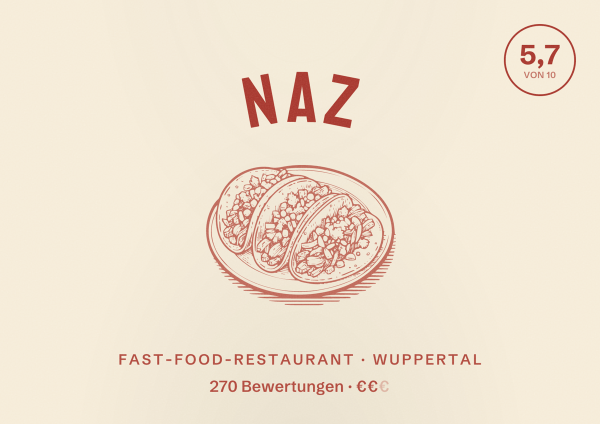 Illustriertes Poster von Naz, Fast-Food-Restaurant in Wuppertal: Bewertung 5,7 von 10 aus 270 Bewertungen, Preisniveau €€