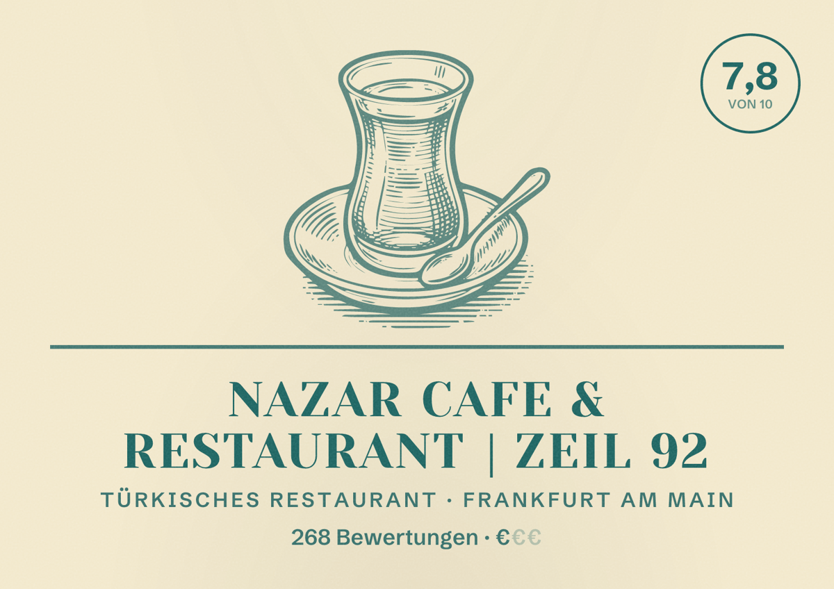Illustriertes Poster von Nazar Cafe & Restaurant | Zeil 92, Türkisches Restaurant in Frankfurt am Main: Bewertung 7,8 von 10 aus 268 Bewertungen, Preisniveau €