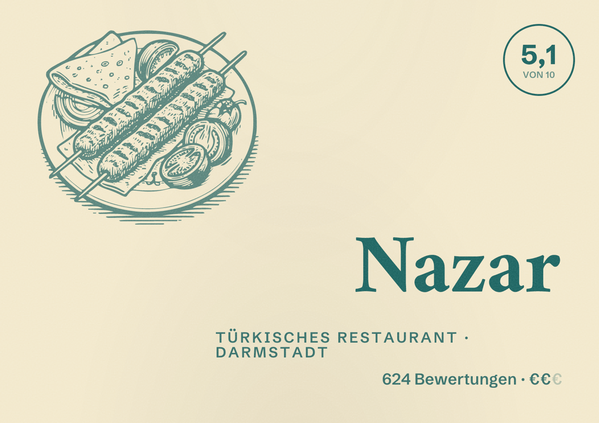 Illustriertes Poster von Nazar, Türkisches Restaurant in Darmstadt: Bewertung 5,1 von 10 aus 624 Bewertungen, Preisniveau €€