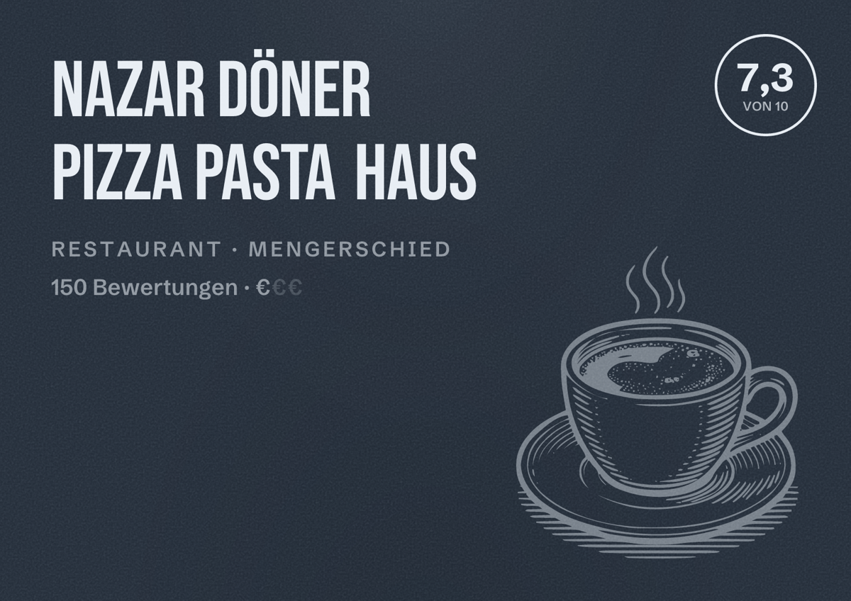 Illustriertes Poster von Nazar Döner Pizza Pasta Haus, Restaurant in Mengerschied: Bewertung 7,3 von 10 aus 150 Bewertungen, Preisniveau €