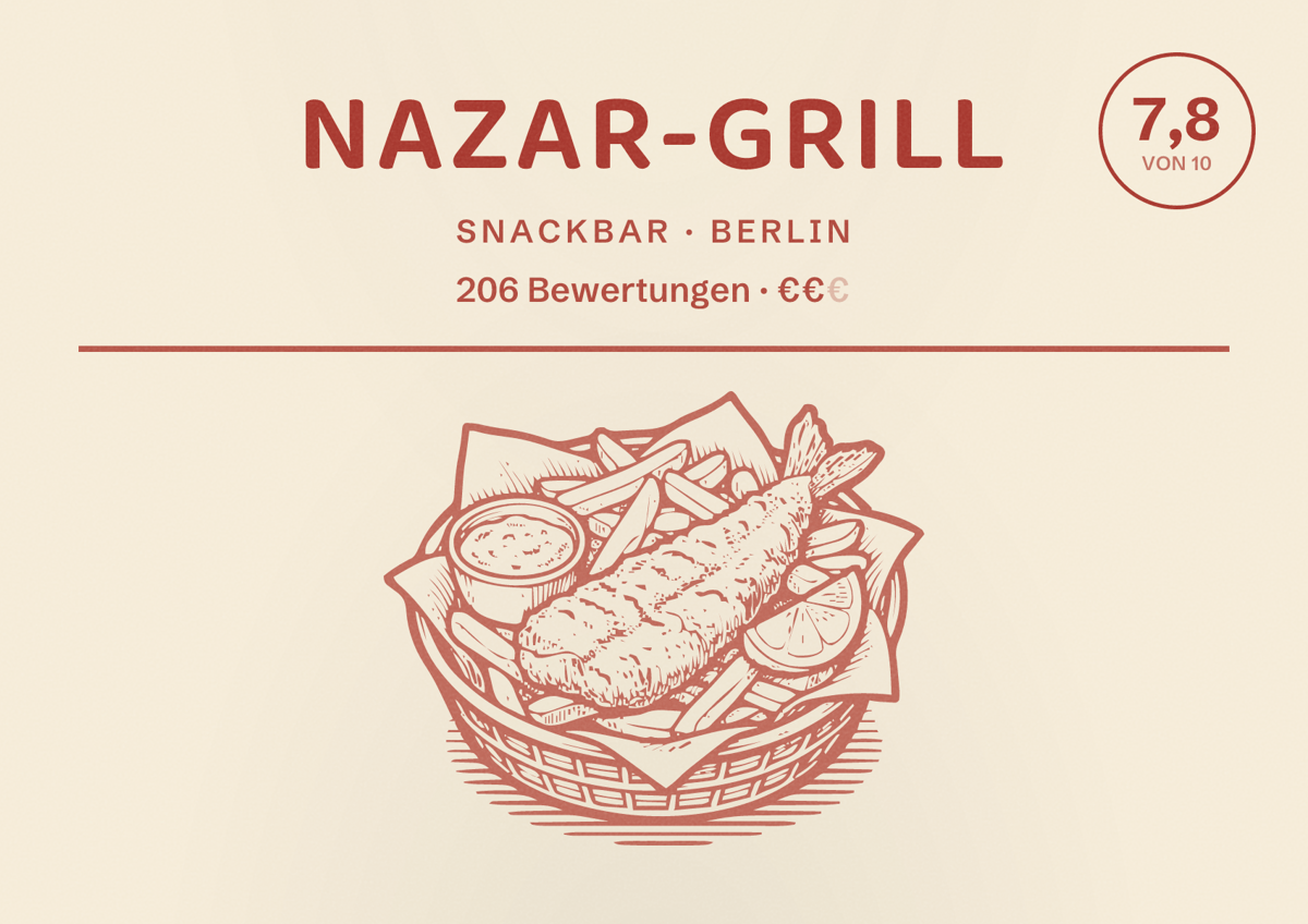 Illustriertes Poster von Nazar-Grill, Snackbar in Berlin: Bewertung 7,8 von 10 aus 206 Bewertungen, Preisniveau €€