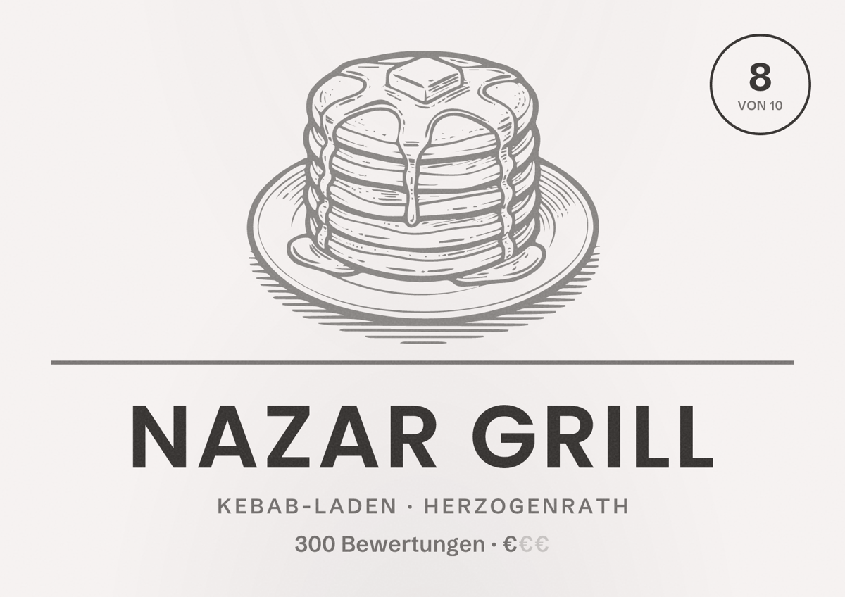 Illustriertes Poster von Nazar Grill, Kebab-Laden in Herzogenrath: Bewertung 8 von 10 aus 300 Bewertungen, Preisniveau €