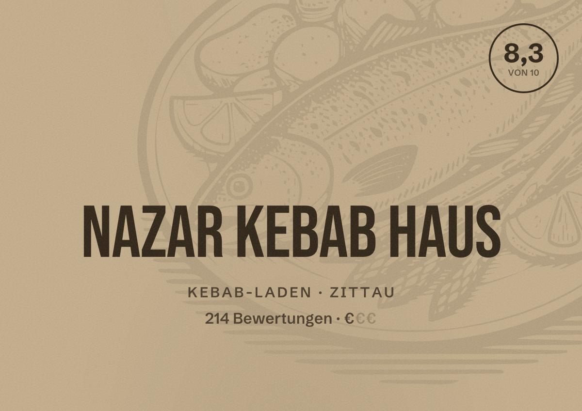 Illustriertes Poster von Nazar Kebab Haus, Kebab-Laden in Zittau: Bewertung 8,3 von 10 aus 214 Bewertungen, Preisniveau €