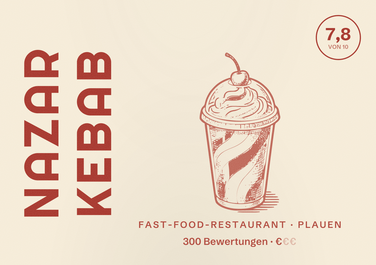 Illustriertes Poster von Nazar Kebab, Fast-Food-Restaurant in Plauen: Bewertung 7,8 von 10 aus 300 Bewertungen, Preisniveau €