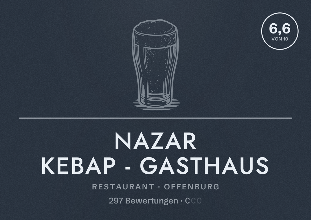 Illustriertes Poster von Nazar Kebap - Gasthaus, Restaurant in Offenburg: Bewertung 6,6 von 10 aus 297 Bewertungen, Preisniveau €
