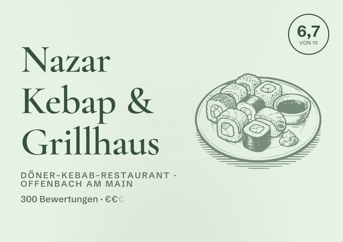 Illustriertes Poster von Nazar Kebap & Grillhaus, Döner-Kebab-Restaurant in Offenbach am Main: Bewertung 6,7 von 10 aus 300 Bewertungen, Preisniveau €€