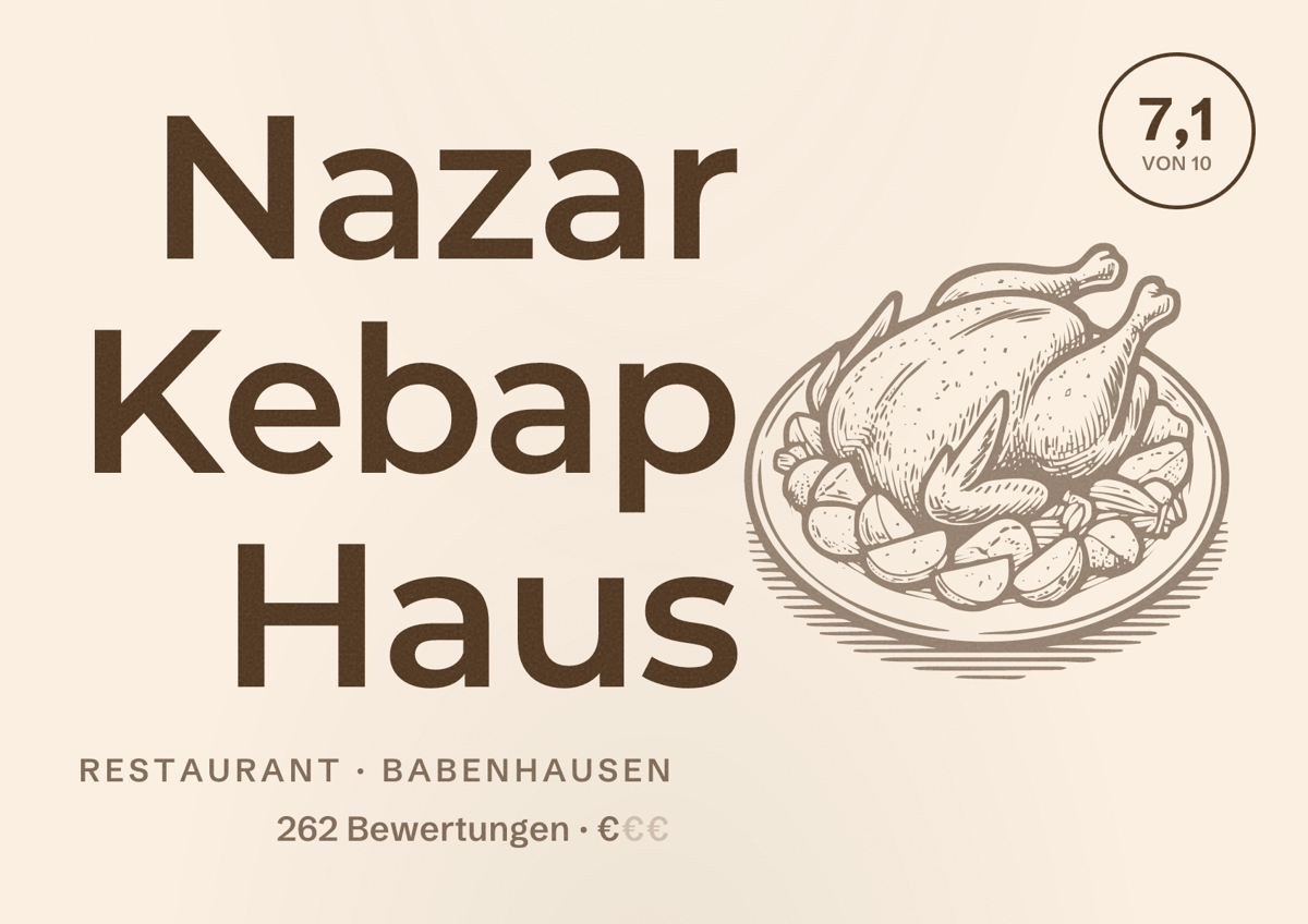 Illustriertes Poster von Nazar Kebap Haus, Restaurant in Babenhausen: Bewertung 7,1 von 10 aus 262 Bewertungen, Preisniveau €