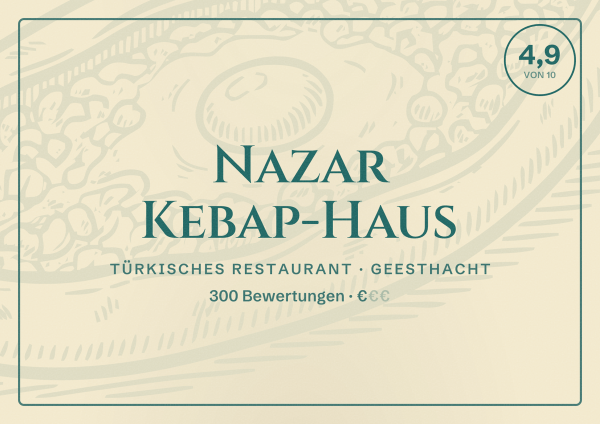 Illustriertes Poster von Nazar Kebap-Haus, Türkisches Restaurant in Geesthacht: Bewertung 4,9 von 10 aus 300 Bewertungen, Preisniveau €