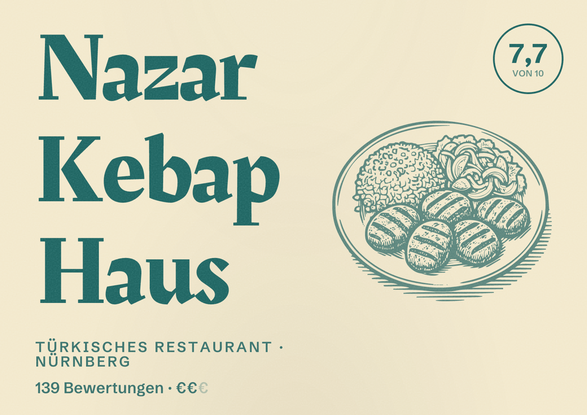 Illustriertes Poster von Nazar Kebap Haus, Türkisches Restaurant in Nürnberg: Bewertung 7,7 von 10 aus 139 Bewertungen, Preisniveau €€