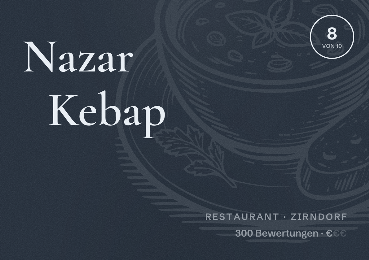 Illustriertes Poster von Nazar Kebap, Restaurant in Zirndorf: Bewertung 8 von 10 aus 300 Bewertungen, Preisniveau €