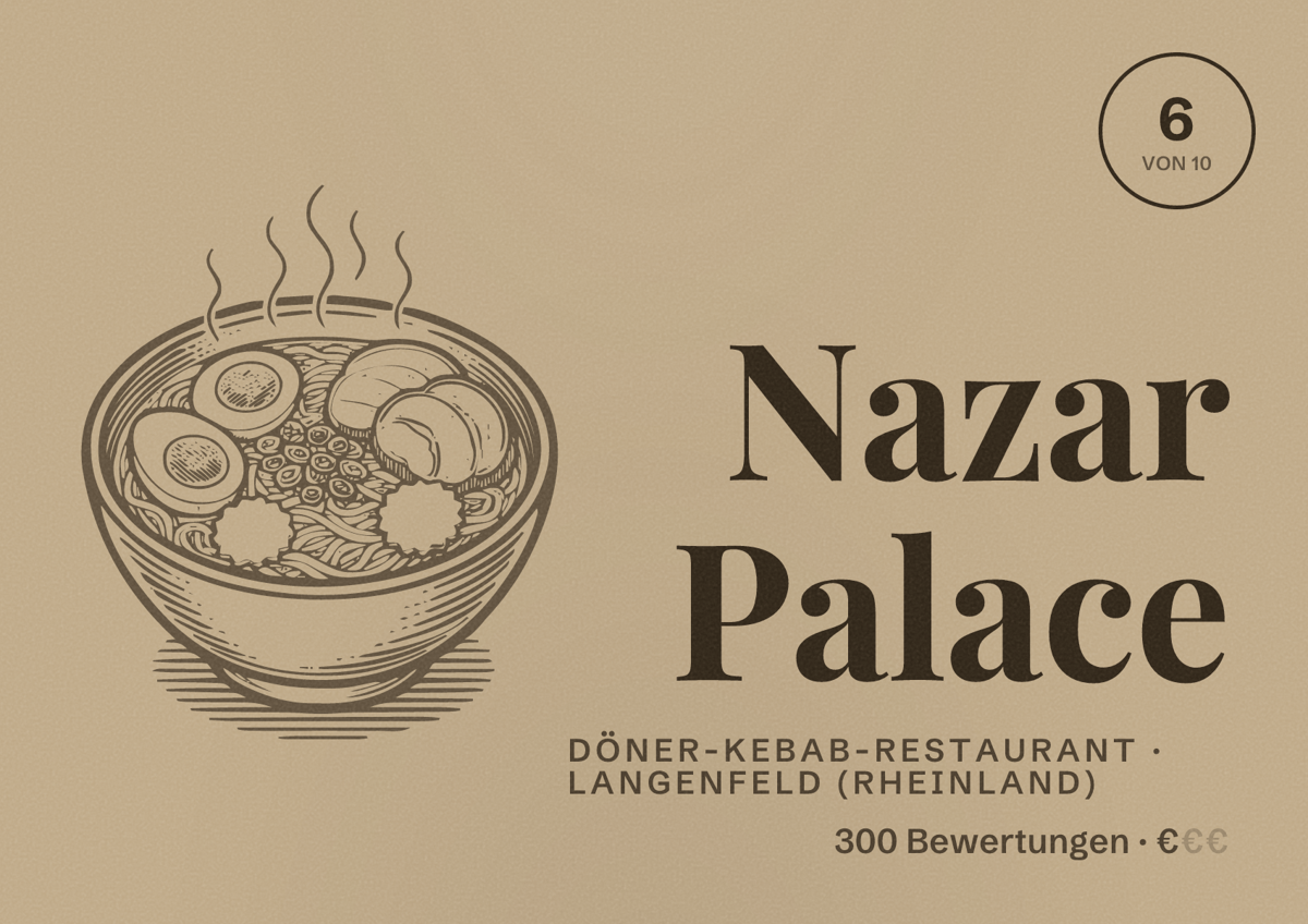 Illustriertes Poster von Nazar Palace, Döner-Kebab-Restaurant in Langenfeld (Rheinland): Bewertung 6 von 10 aus 300 Bewertungen, Preisniveau €