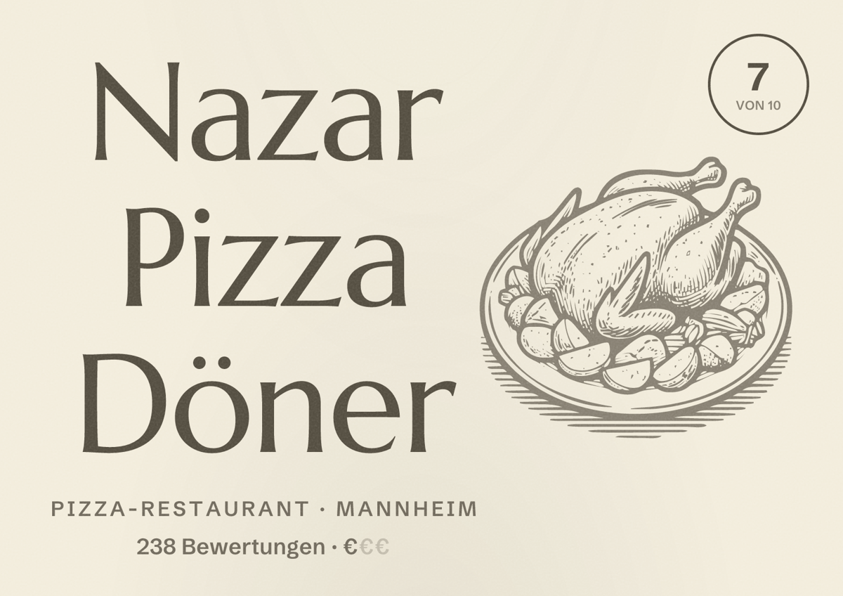 Illustriertes Poster von Nazar Pizza Döner, Pizza-Restaurant in Mannheim: Bewertung 7 von 10 aus 238 Bewertungen, Preisniveau €