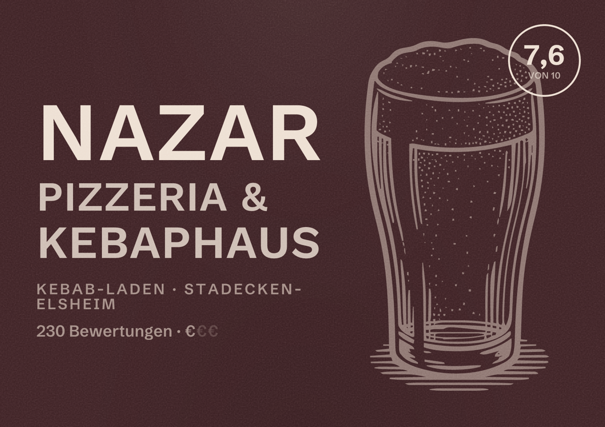 Illustriertes Poster von Nazar Pizzeria & Kebaphaus, Kebab-Laden in Stadecken-Elsheim: Bewertung 7,6 von 10 aus 230 Bewertungen, Preisniveau €