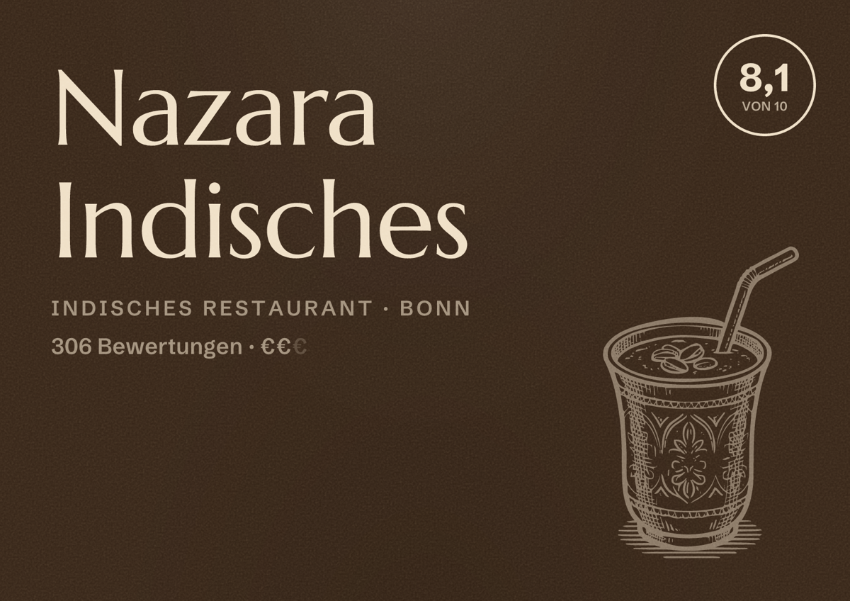 Illustriertes Poster von Nazara Indisches, Indisches Restaurant in Bonn: Bewertung 8,1 von 10 aus 306 Bewertungen, Preisniveau €€