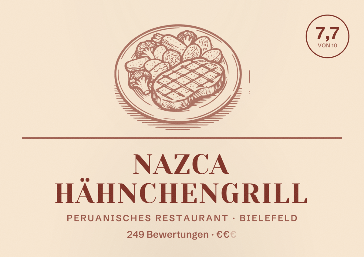 Illustriertes Poster von Nazca Hähnchengrill, Peruanisches Restaurant in Bielefeld: Bewertung 7,7 von 10 aus 249 Bewertungen, Preisniveau €€