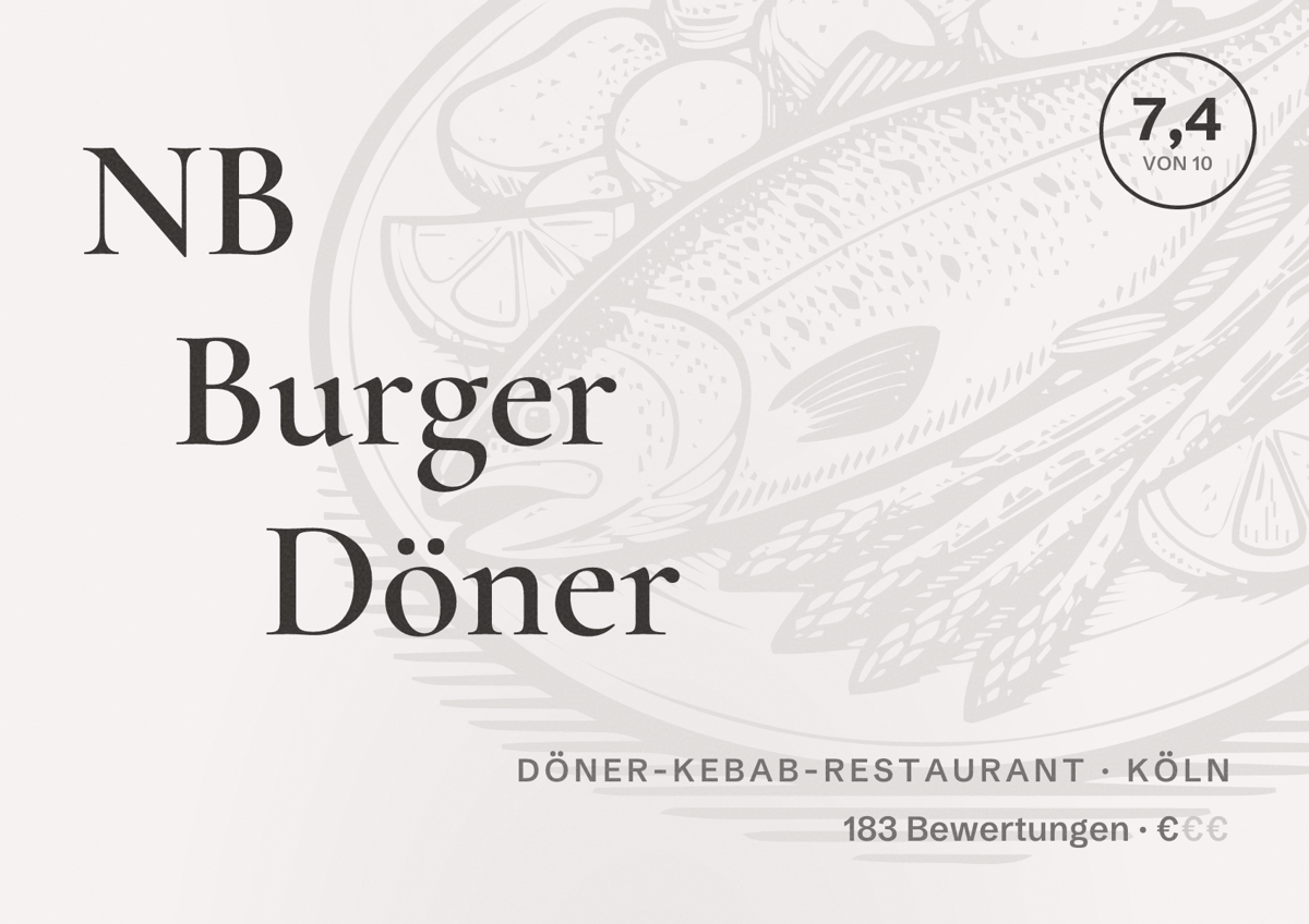 Illustriertes Poster von NB Burger Döner, Döner-Kebab-Restaurant in Köln: Bewertung 7,4 von 10 aus 183 Bewertungen, Preisniveau €