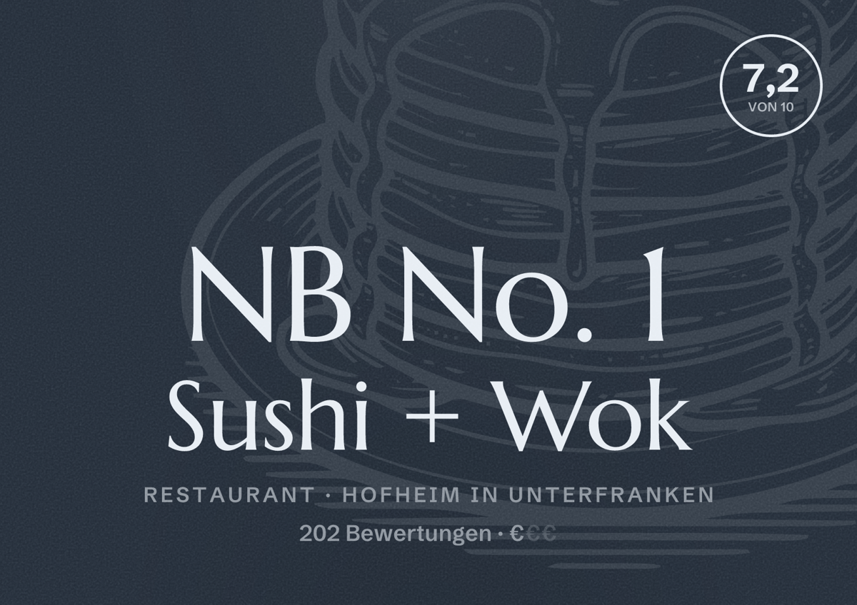 Illustriertes Poster von NB No. 1 Sushi + Wok, Restaurant in Hofheim in Unterfranken: Bewertung 7,2 von 10 aus 202 Bewertungen, Preisniveau €