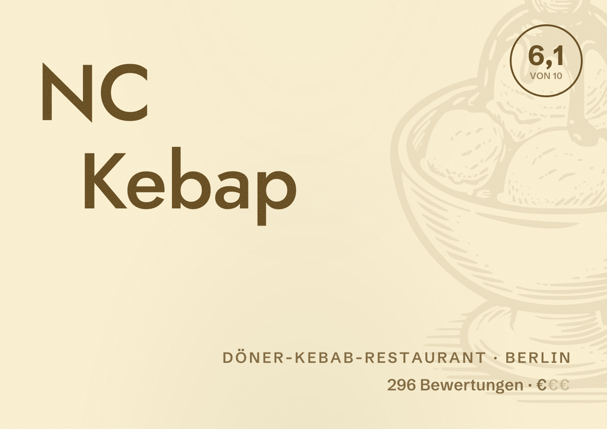 Illustriertes Poster von NC Kebap, Döner-Kebab-Restaurant in Berlin: Bewertung 6,1 von 10 aus 296 Bewertungen, Preisniveau €