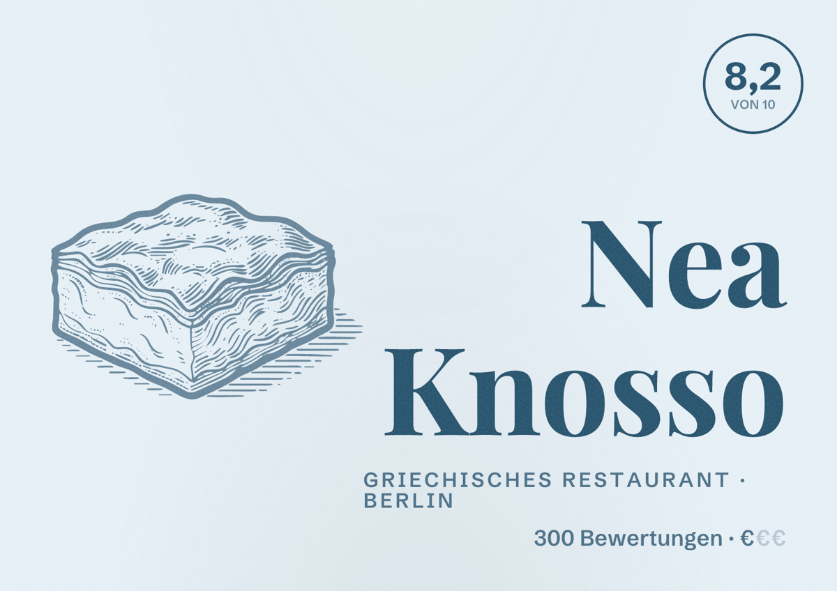 Illustriertes Poster von Nea Knosso, Griechisches Restaurant in Berlin: Bewertung 8,2 von 10 aus 300 Bewertungen, Preisniveau €