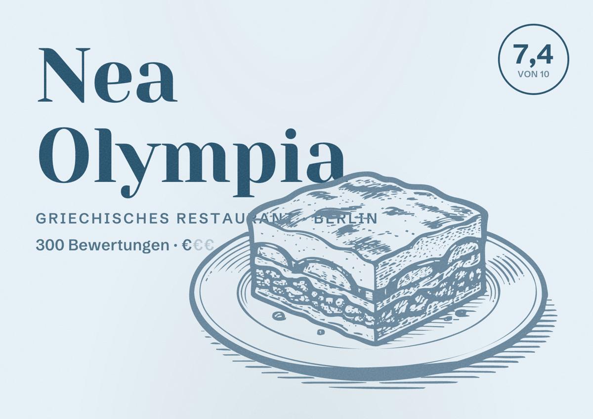 Illustriertes Poster von Nea Olympia, Griechisches Restaurant in Berlin: Bewertung 7,4 von 10 aus 300 Bewertungen, Preisniveau €