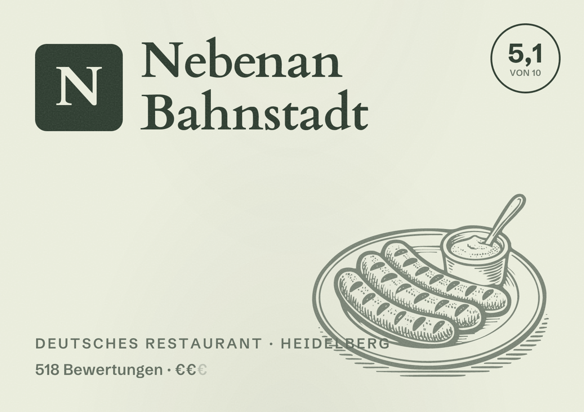 Illustriertes Poster von Nebenan Bahnstadt, Deutsches Restaurant in Heidelberg: Bewertung 5,1 von 10 aus 518 Bewertungen, Preisniveau €€