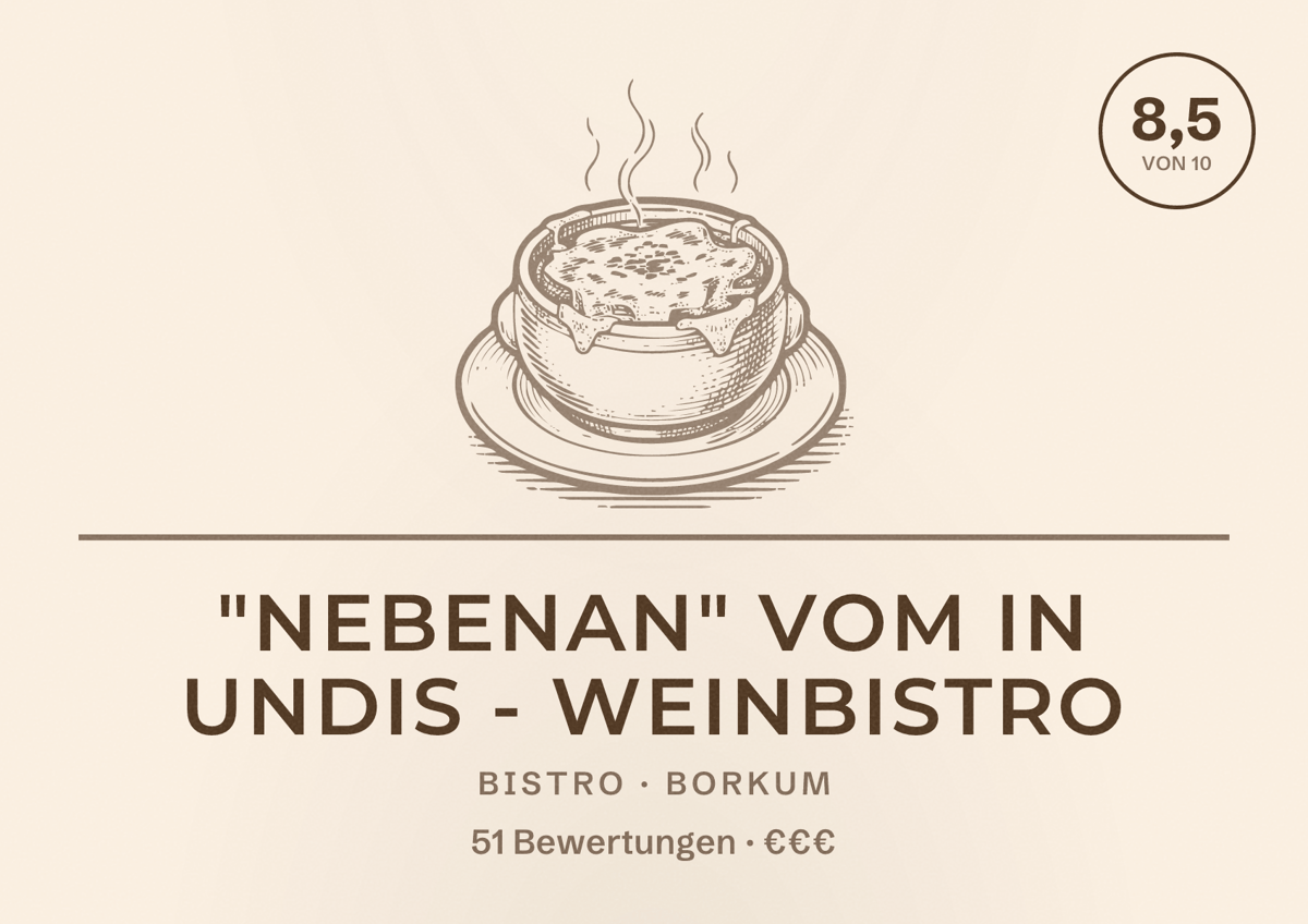 Illustriertes Poster von "Nebenan" vom In Undis - Weinbistro, Bistro in Borkum: Bewertung 8,5 von 10 aus 51 Bewertungen, Preisniveau €€€