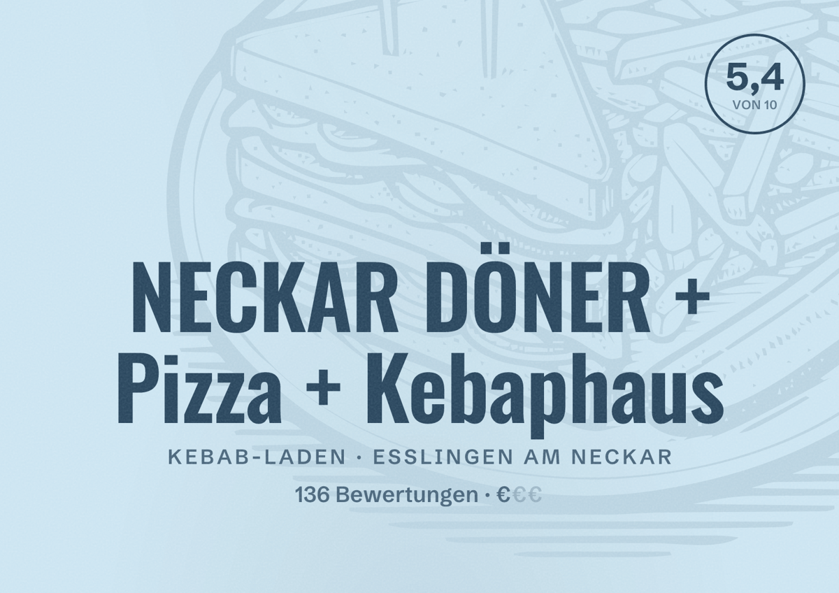 Illustriertes Poster von NECKAR DÖNER + Pizza + Kebaphaus, Kebab-Laden in Esslingen am Neckar: Bewertung 5,4 von 10 aus 136 Bewertungen, Preisniveau €