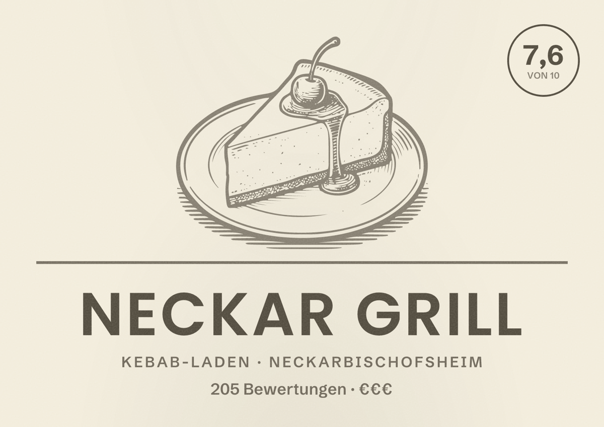 Illustriertes Poster von Neckar Grill, Kebab-Laden in Neckarbischofsheim: Bewertung 7,6 von 10 aus 205 Bewertungen, Preisniveau €€€