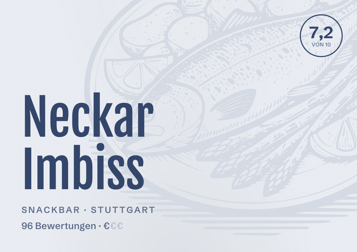 Illustriertes Poster von Neckar Imbiss, Snackbar in Stuttgart: Bewertung 7,2 von 10 aus 96 Bewertungen, Preisniveau €