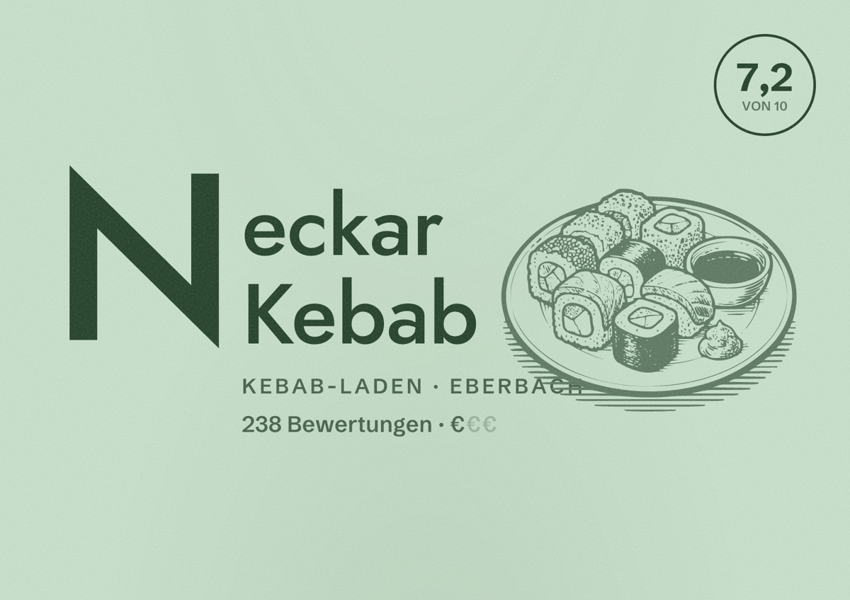 Illustriertes Poster von Neckar Kebab, Kebab-Laden in Eberbach: Bewertung 7,2 von 10 aus 238 Bewertungen, Preisniveau €