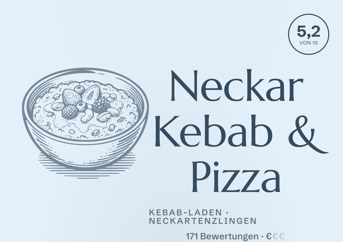 Illustriertes Poster von Neckar Kebab & Pizza, Kebab-Laden in Neckartenzlingen: Bewertung 5,2 von 10 aus 171 Bewertungen, Preisniveau €