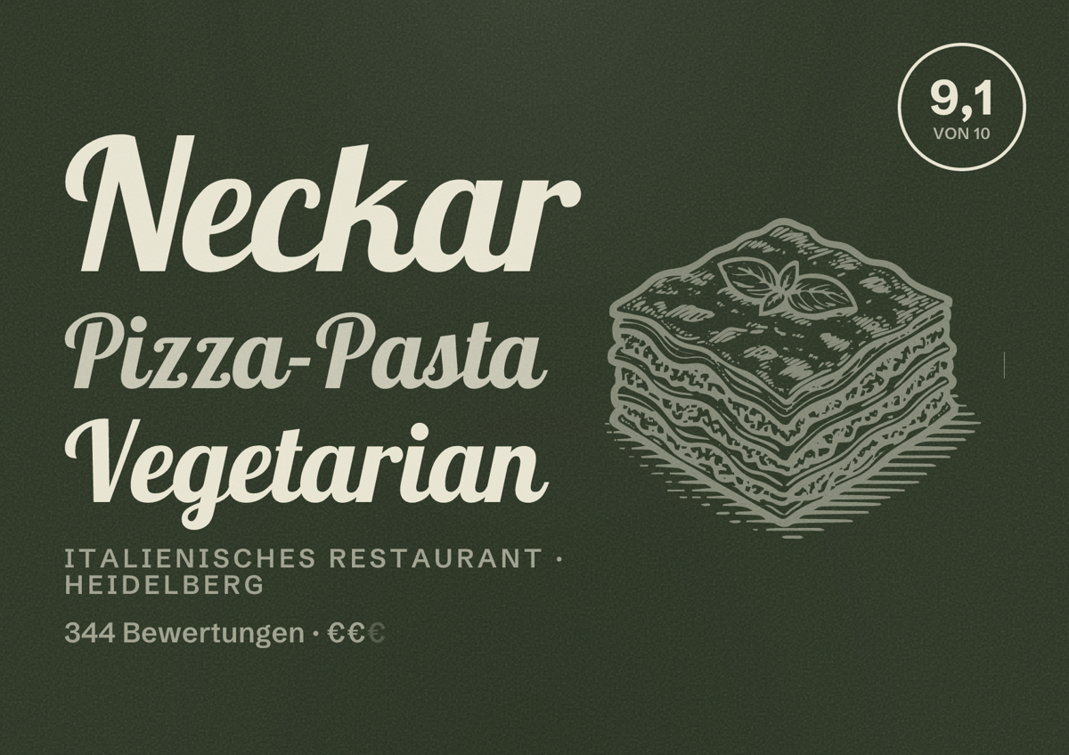 Illustriertes Poster von Neckar Pizza-Pasta Vegetarian, Italienisches Restaurant in Heidelberg: Bewertung 9,1 von 10 aus 344 Bewertungen, Preisniveau €€